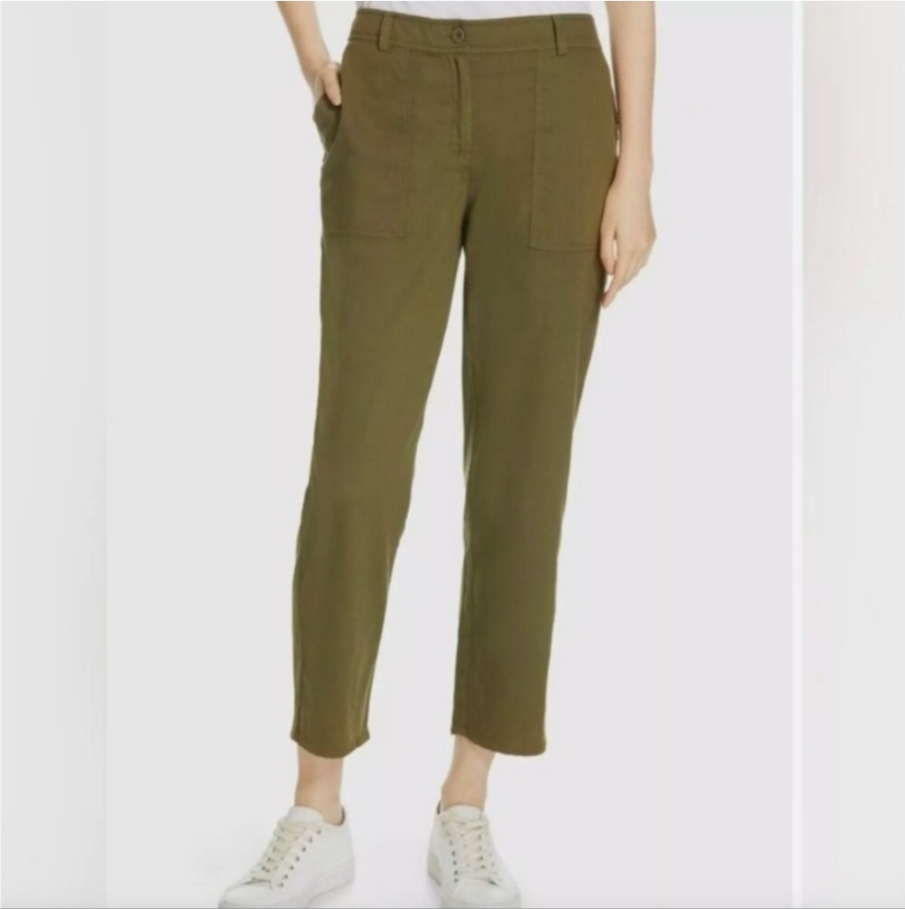 Eileen Fisher 100% Organic Cotton Twill Ankle Pants Olive Green Size 2 Casual